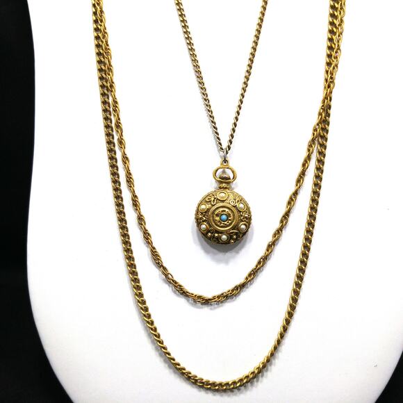 Vintage Goldette Three Strand Necklace, Long Chains & Pendant, 1960s - Picture 5 of 10